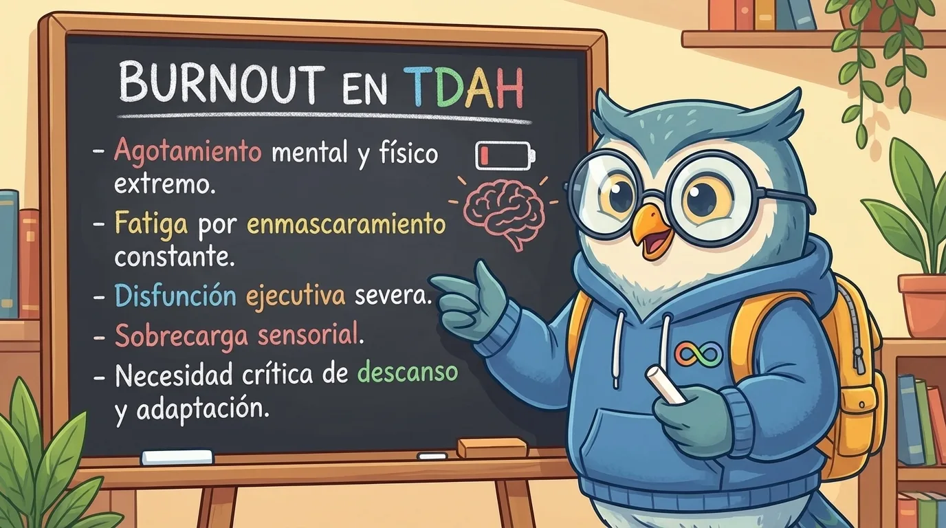 Ilustración del ciclo de burnout neurodivergente y recuperación de la función ejecutiva en el TDAH